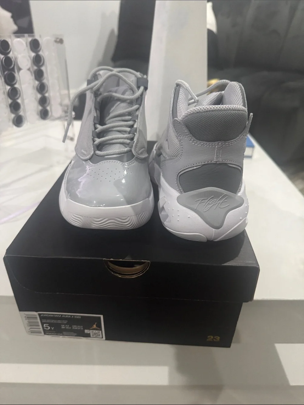 Jordan Youth Glossy Grey and White Retro Basketball Sneakers